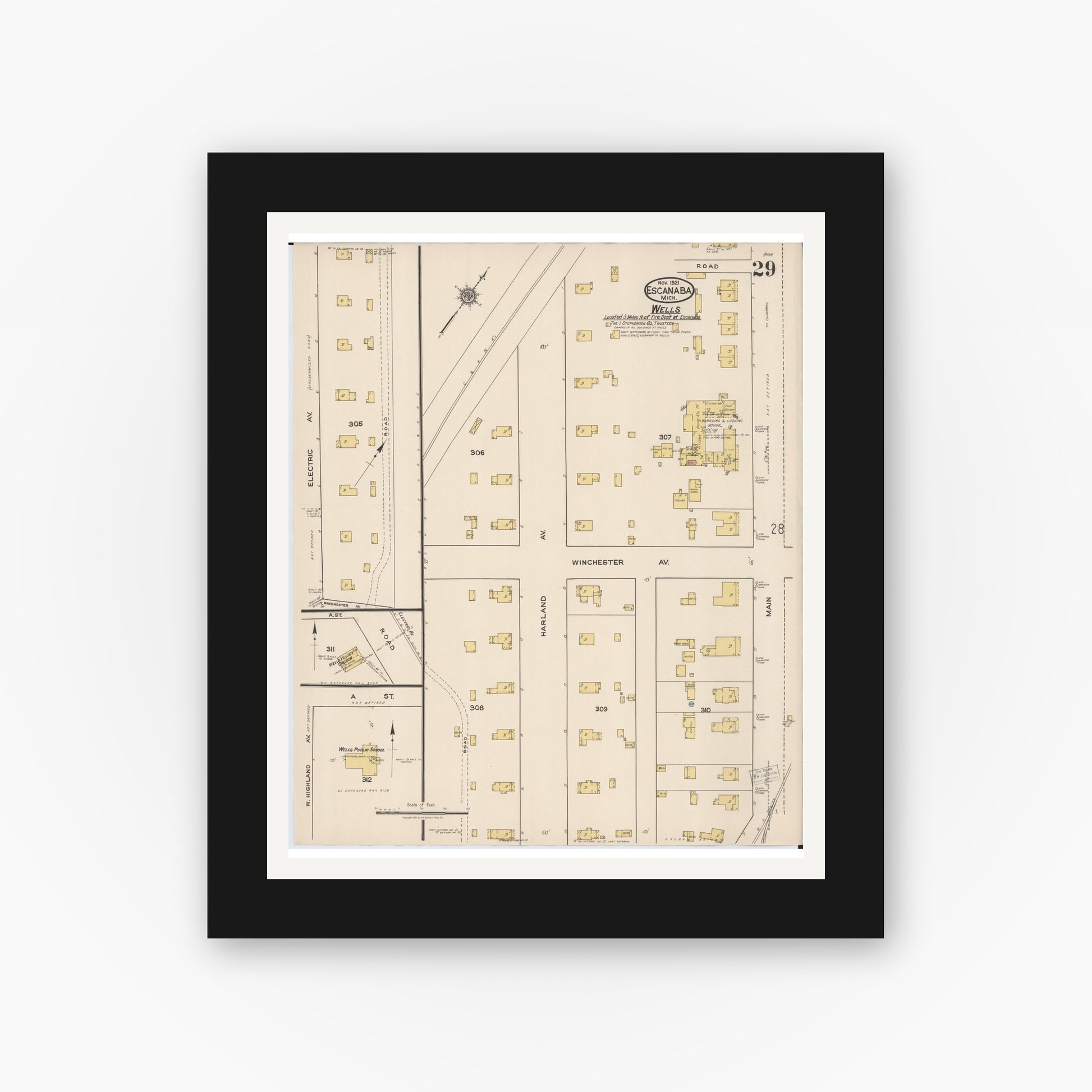 Old map wall art mockup — black gallery frame with white mat — Sanborn Fire Insurance Map from Escanaba, Delta County, Michigan (1921), Sheet #0029