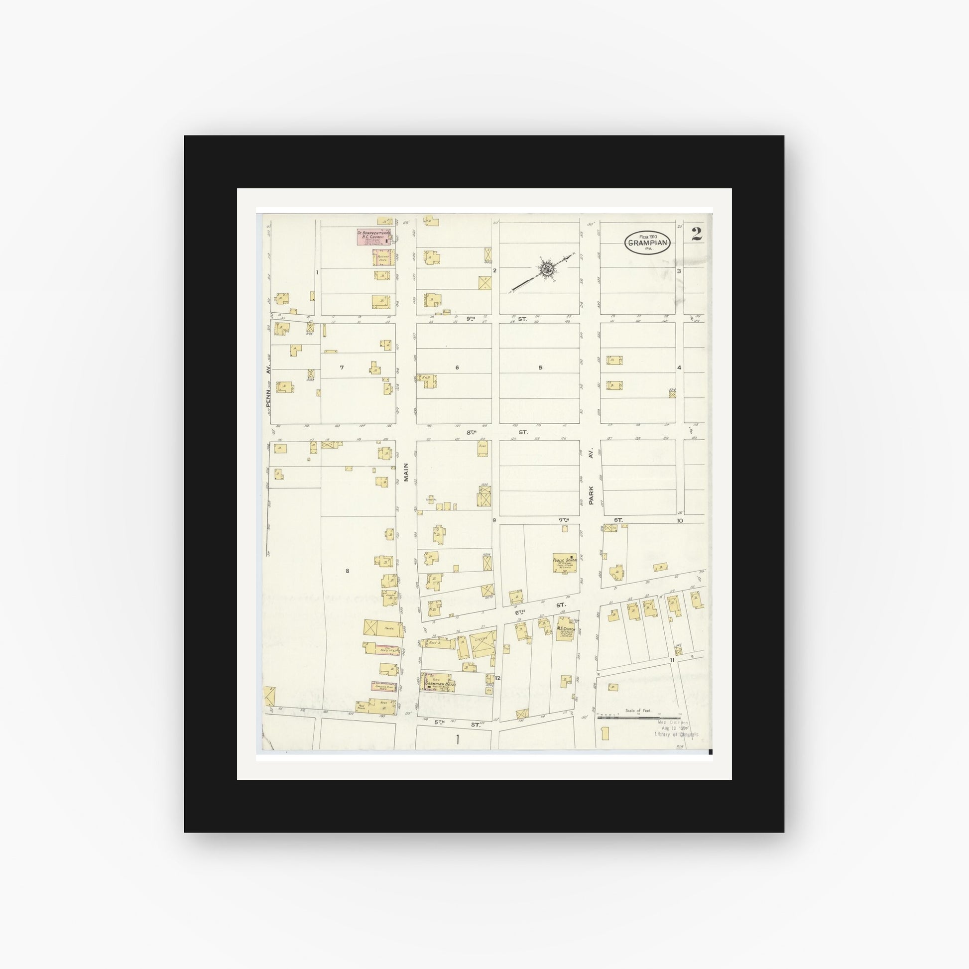 Old map wall art mockup — black gallery frame with white mat — Sanborn Fire Insurance Map from Grampian, Clearfield County, Pennsylvania (1910), Sheet #0002