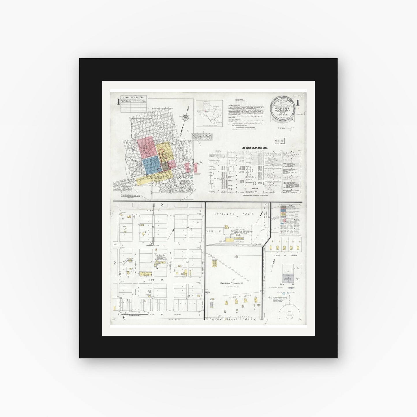 Old map wall art mockup — black gallery frame with white mat — Sanborn Fire Insurance Map from Odessa, Edger County, Texas (1934), Sheet #0001