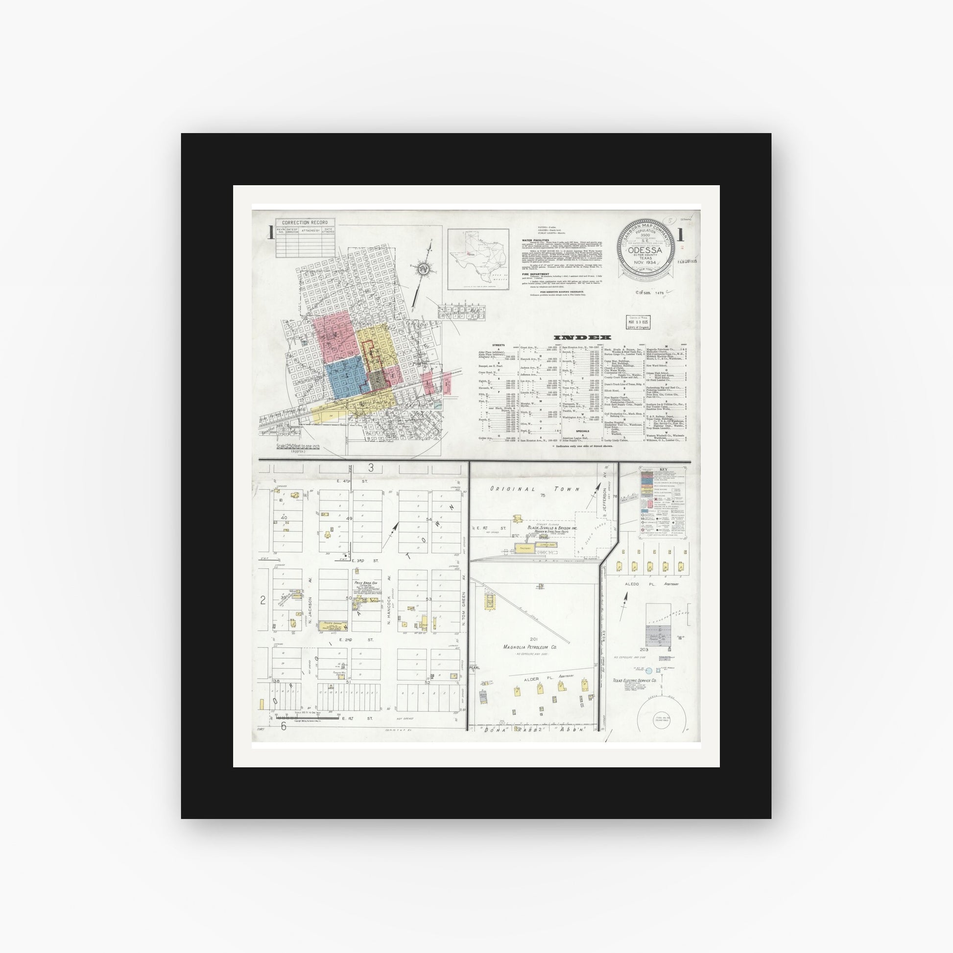Old map wall art mockup — black gallery frame with white mat — Sanborn Fire Insurance Map from Odessa, Edger County, Texas (1934), Sheet #0001