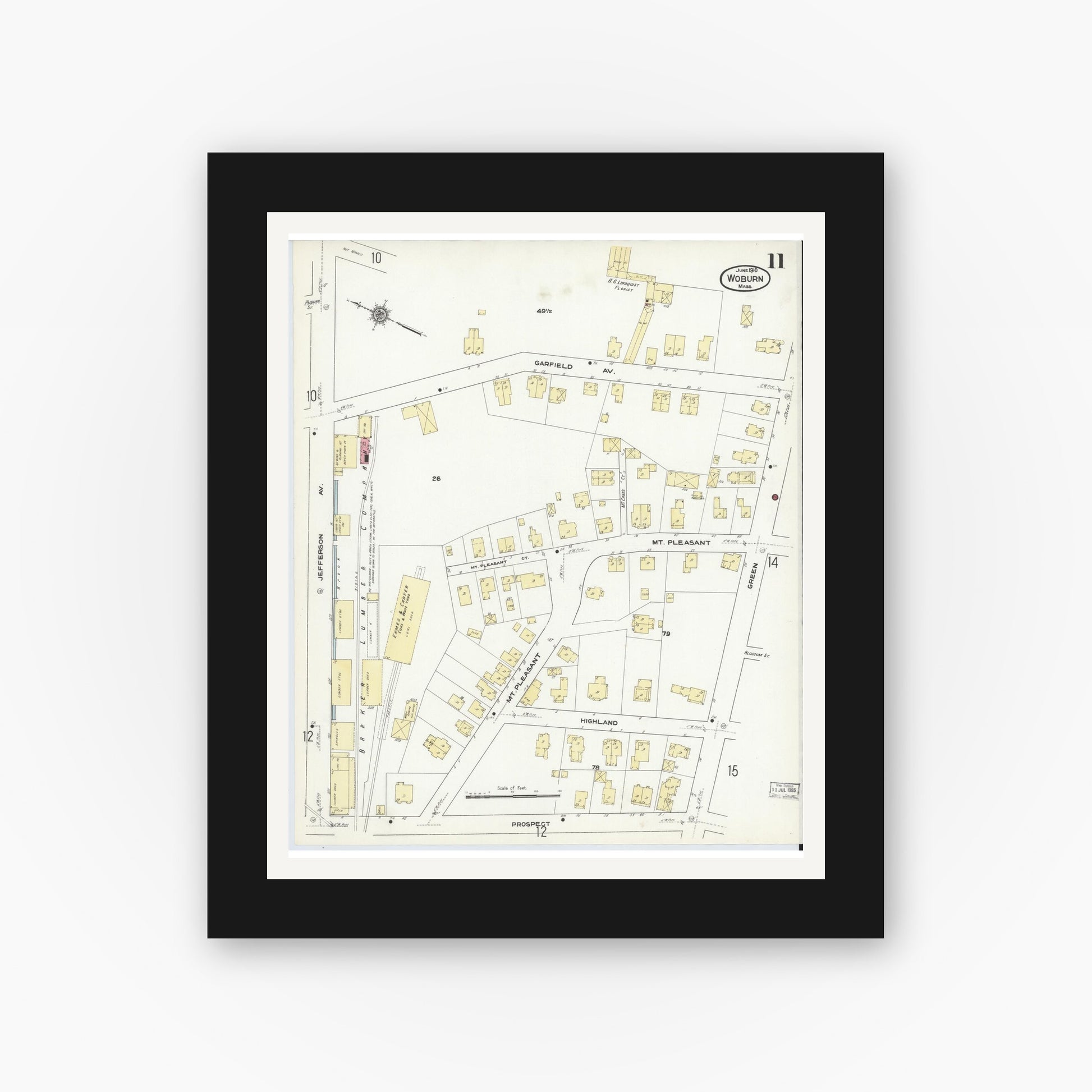 Old map wall art mockup — black gallery frame with white mat — Sanborn Fire Insurance Map from Woburn, Middlesex County, Massachusetts (1910), Sheet #0011