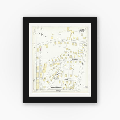 Old map wall art mockup — black gallery frame with white mat — Sanborn Fire Insurance Map from Woburn, Middlesex County, Massachusetts (1910), Sheet #0011
