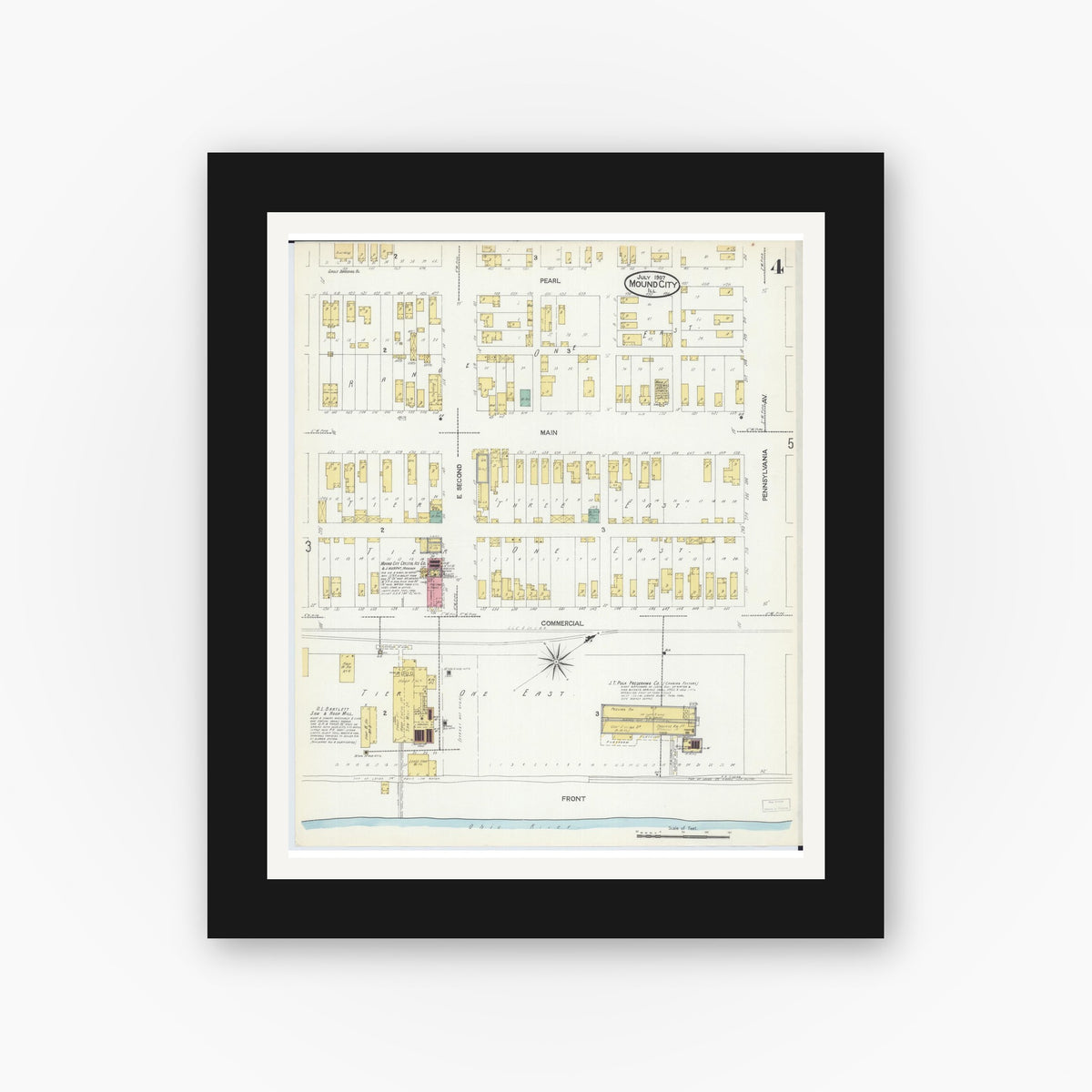 Old map wall art mockup — black gallery frame with white mat — Sanborn Fire Insurance Map from Mound City, Pulaski County, Illinois (1907), Sheet #0004