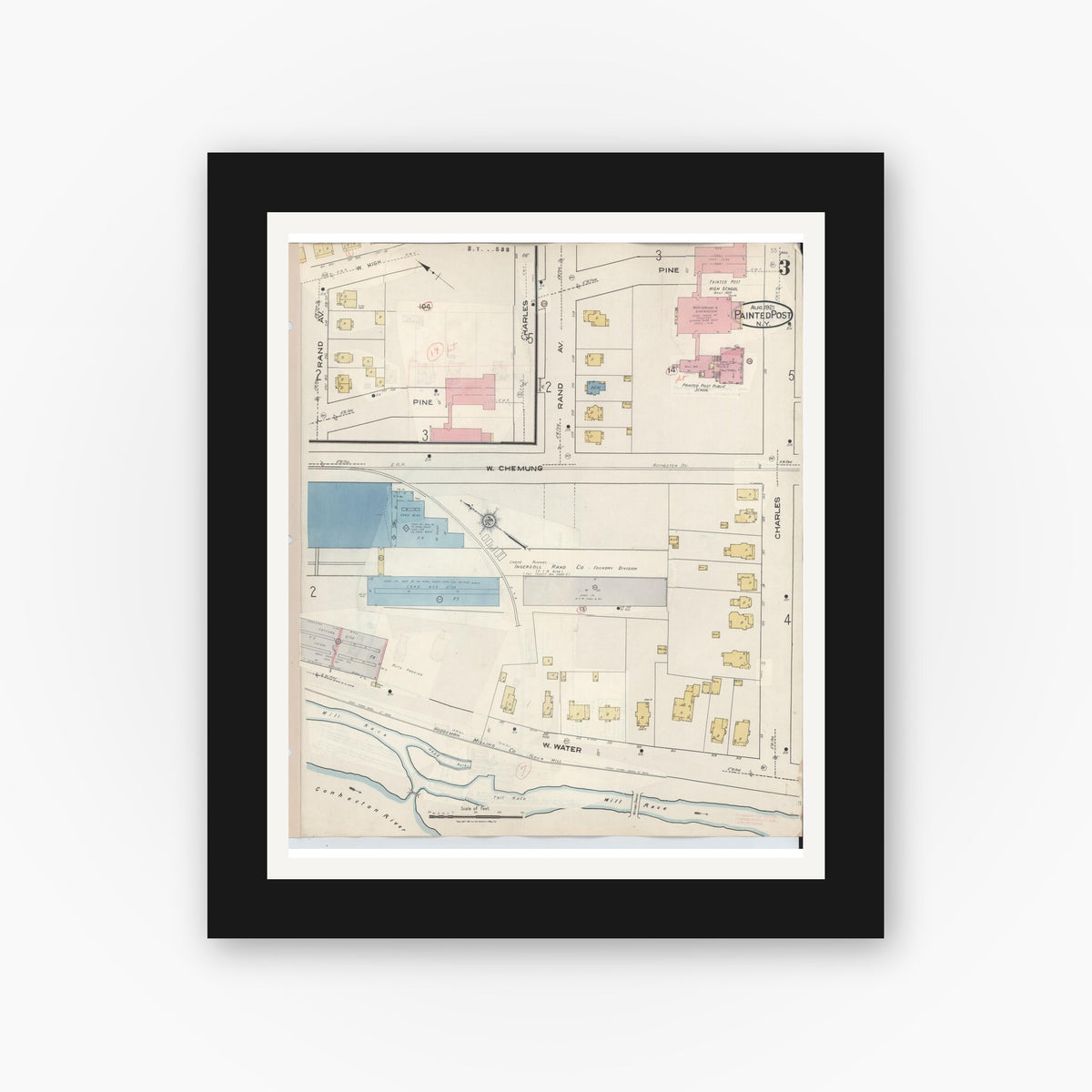 Old map wall art mockup — black gallery frame with white mat — Sanborn Fire Insurance Map from Painted Post, Steuben County, New York (1943), Sheet #0003