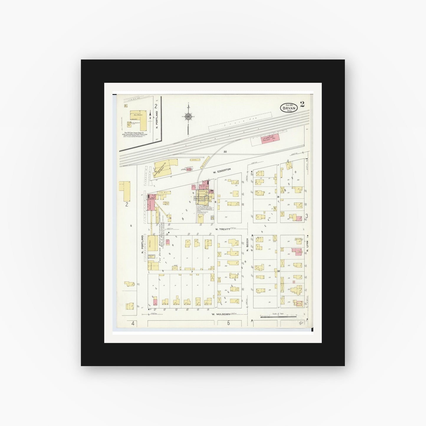 Old map wall art mockup — black gallery frame with white mat — Sanborn Fire Insurance Map from Bryan, Williams County, Ohio (1911), Sheet #0002