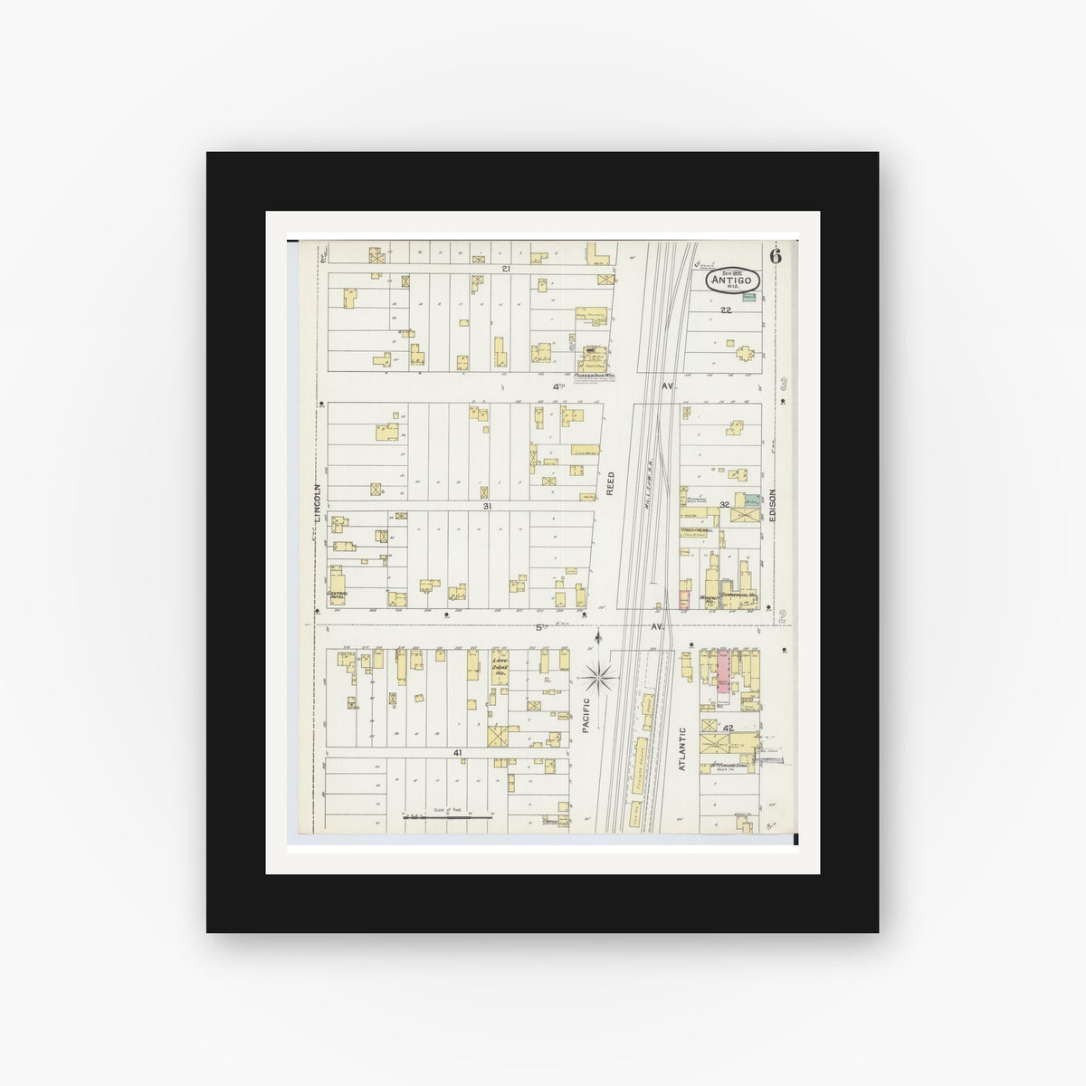 Old map wall art mockup — black gallery frame with white mat — Sanborn Fire Insurance Map from Antigo, Langlade County, Wisconsin (1892), Sheet #0006