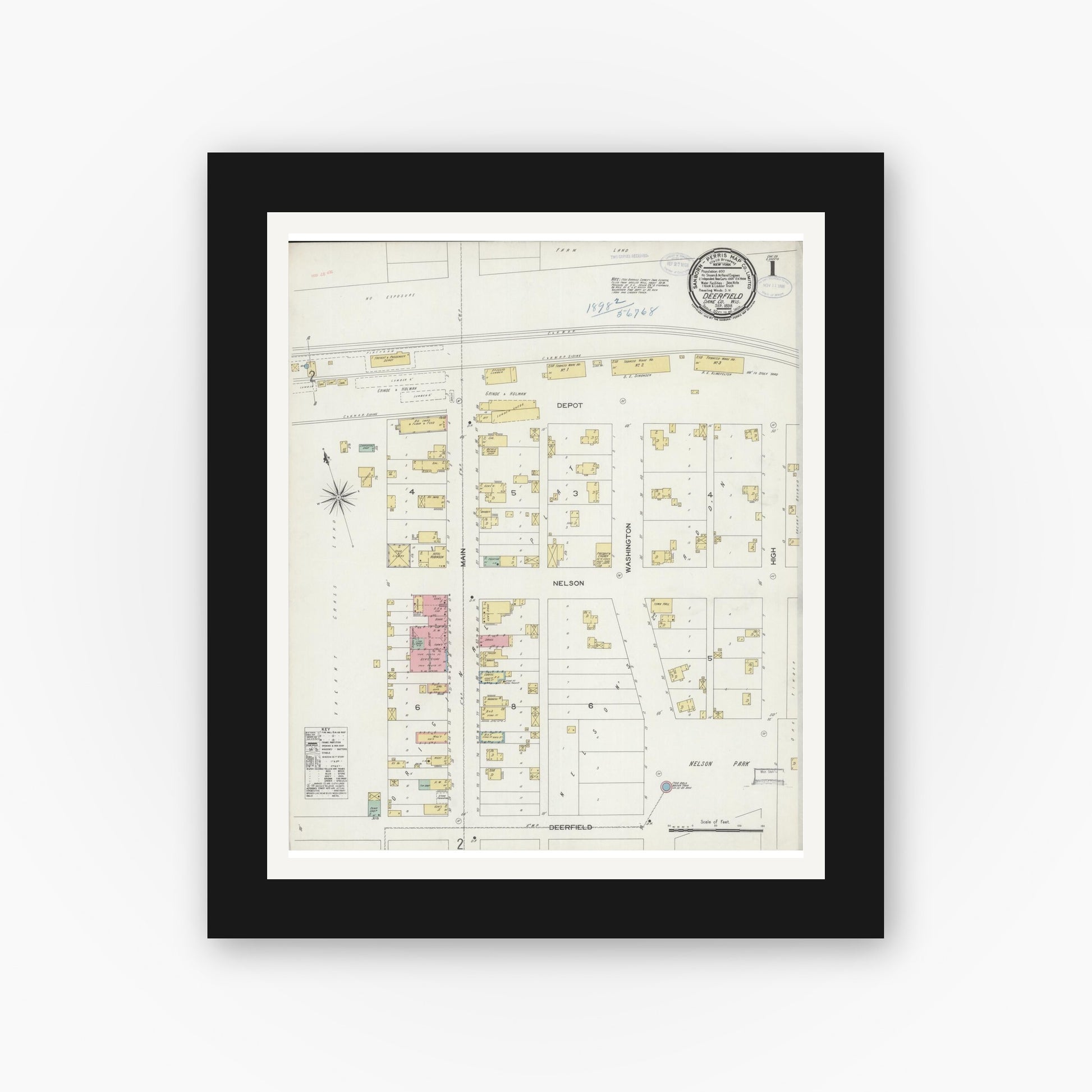 Old map wall art mockup — black gallery frame with white mat — Sanborn Fire Insurance Map from Deerfield, Dane County, Wisconsin (1898), Sheet #0001
