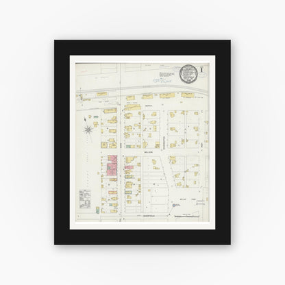 Old map wall art mockup — black gallery frame with white mat — Sanborn Fire Insurance Map from Deerfield, Dane County, Wisconsin (1898), Sheet #0001
