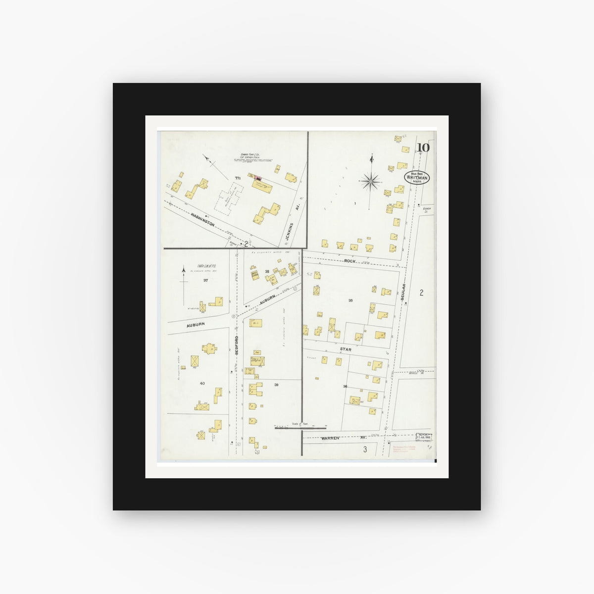 Old map wall art mockup — black gallery frame with white mat — Sanborn Fire Insurance Map from Whitman, Plymouth County, Massachusetts (1905), Sheet #0010