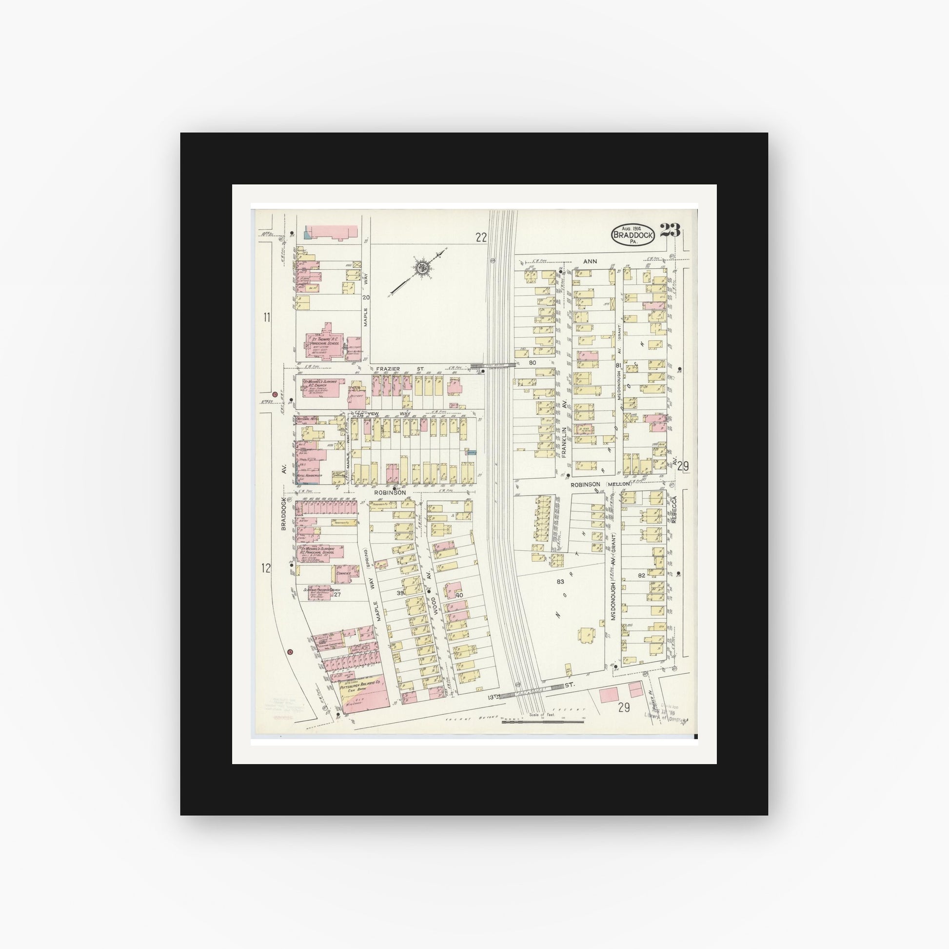 Old map wall art mockup — black gallery frame with white mat — Sanborn Fire Insurance Map from Braddock, Allegheny County, Pennsylvania (1914), Sheet #0023