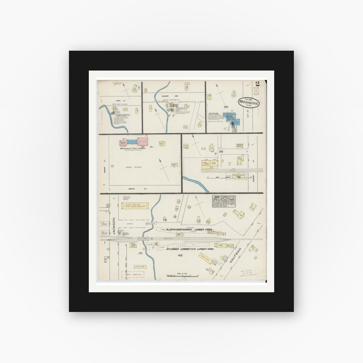 Old map wall art mockup — black gallery frame with white mat — Sanborn Fire Insurance Map from Waxahachie, Ellis County, Texas (1885), Sheet #0002