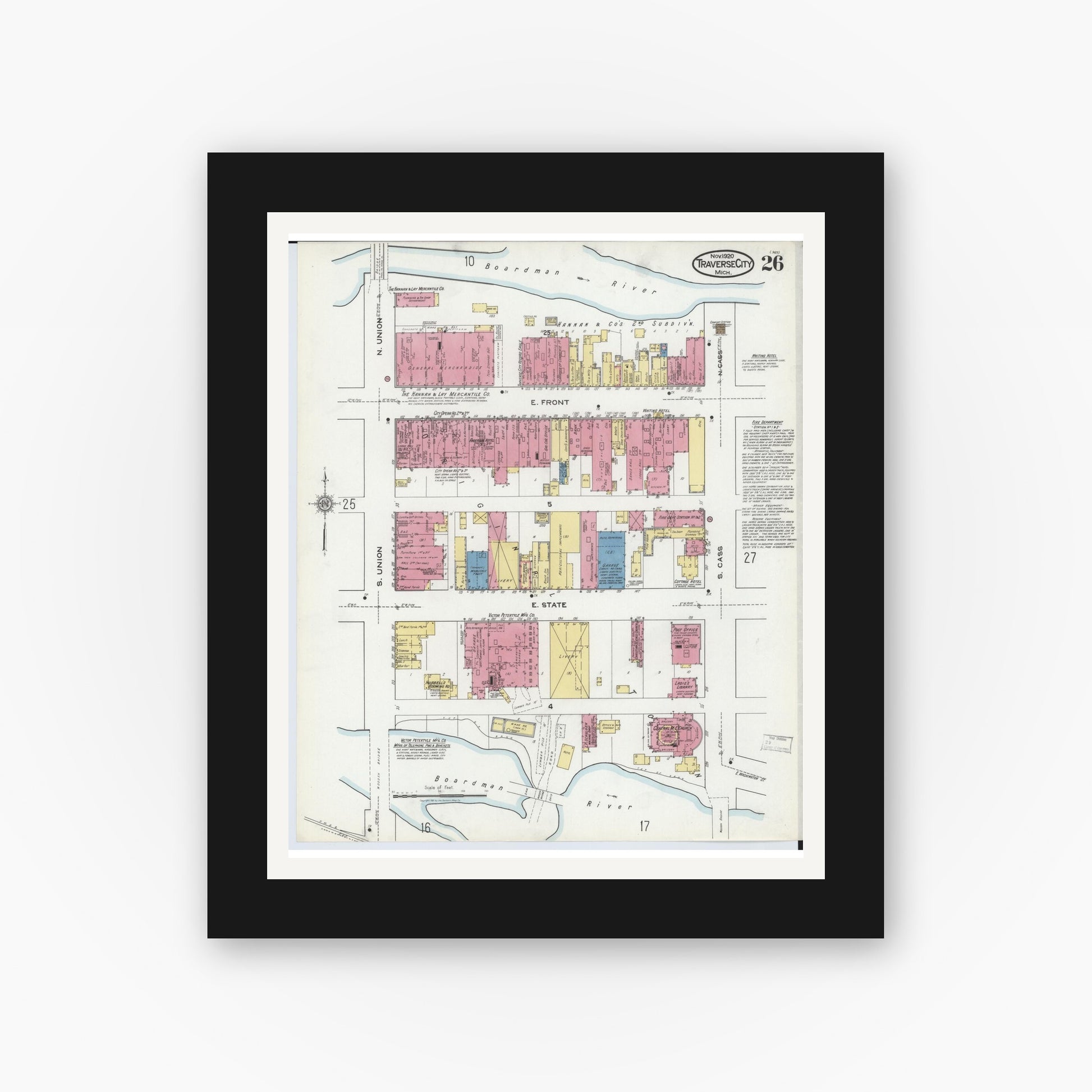 Old map wall art mockup — black gallery frame with white mat — Sanborn Fire Insurance Map from Traverse City, Grand Traverse County, Michigan (1920), Sheet #0026