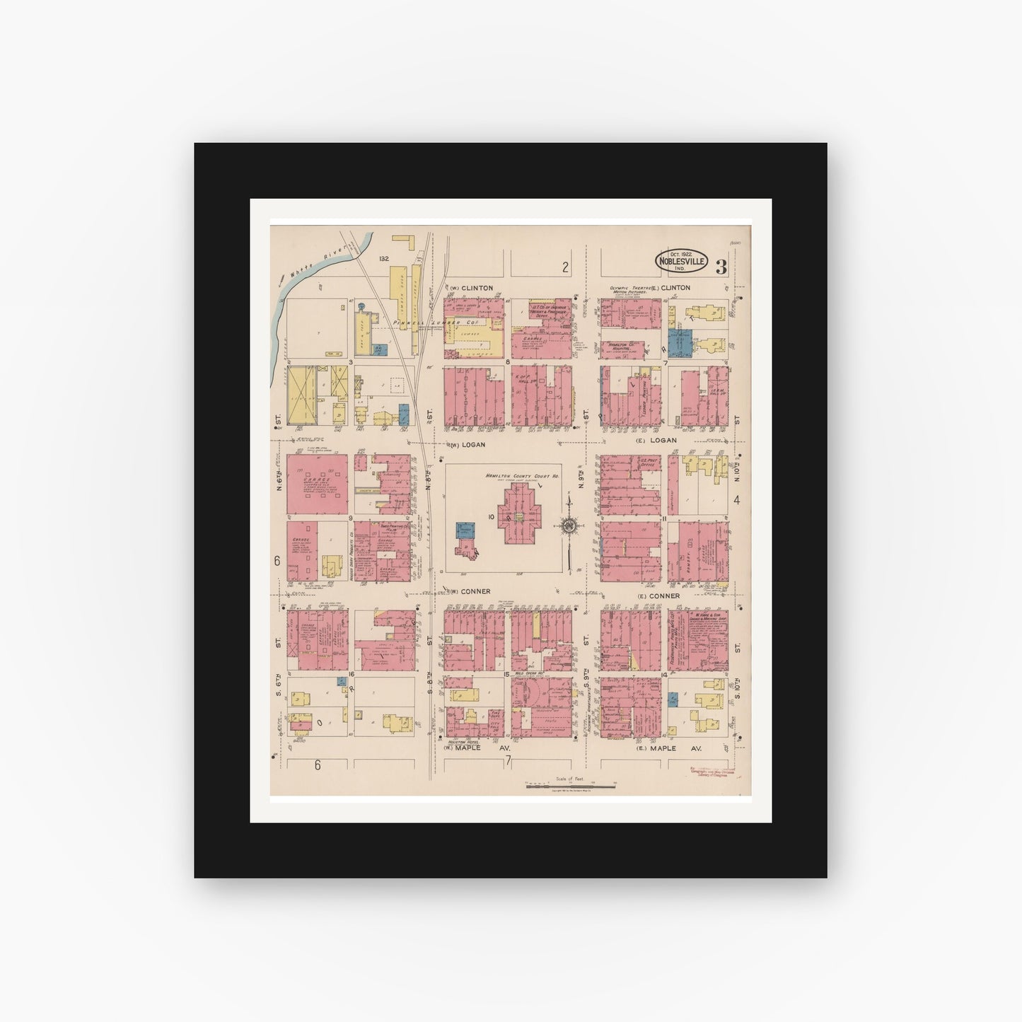 Old map wall art mockup — black gallery frame with white mat — Sanborn Fire Insurance Map from Noblesville, Hamilton County, Indiana (1922), Sheet #0003