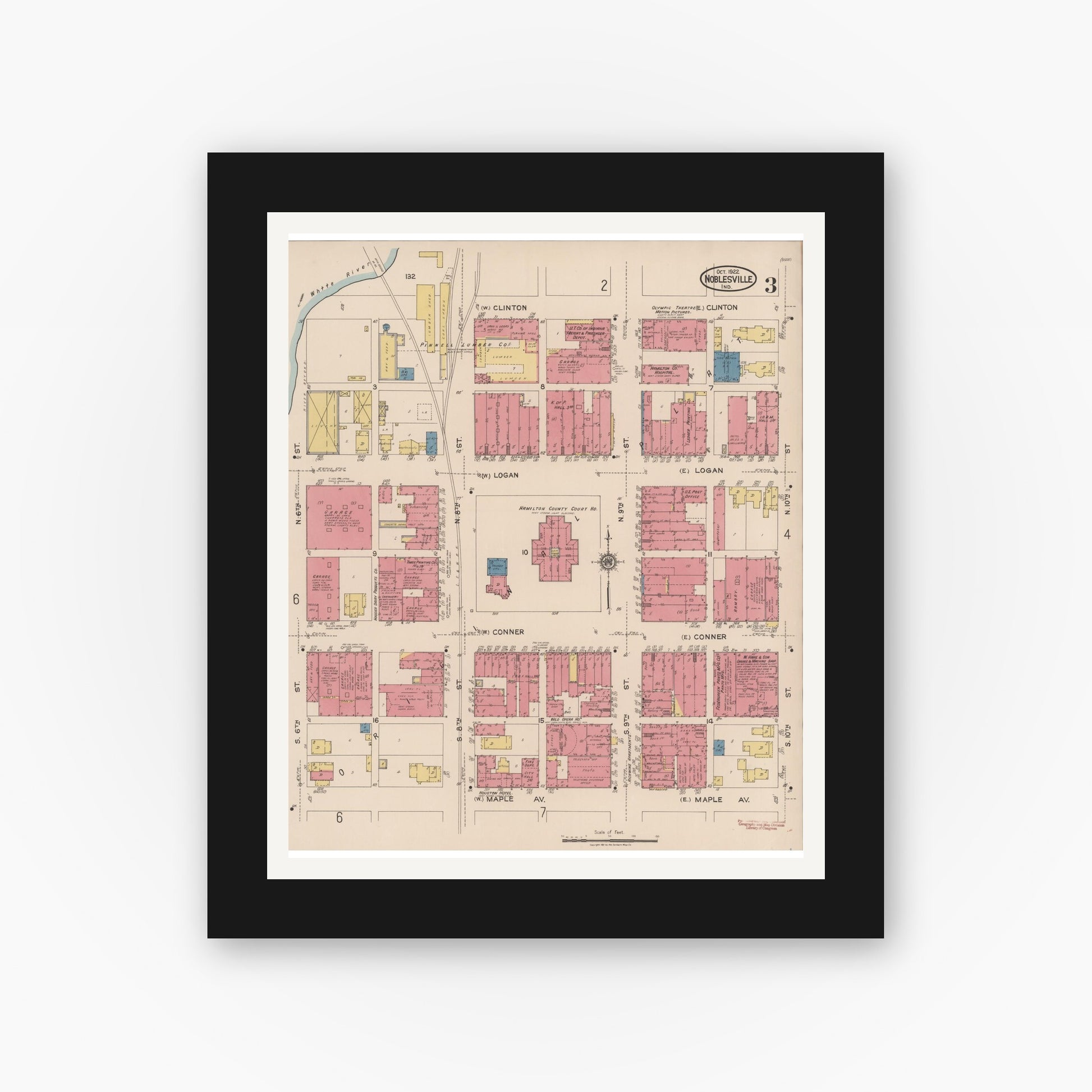 Old map wall art mockup — black gallery frame with white mat — Sanborn Fire Insurance Map from Noblesville, Hamilton County, Indiana (1922), Sheet #0003