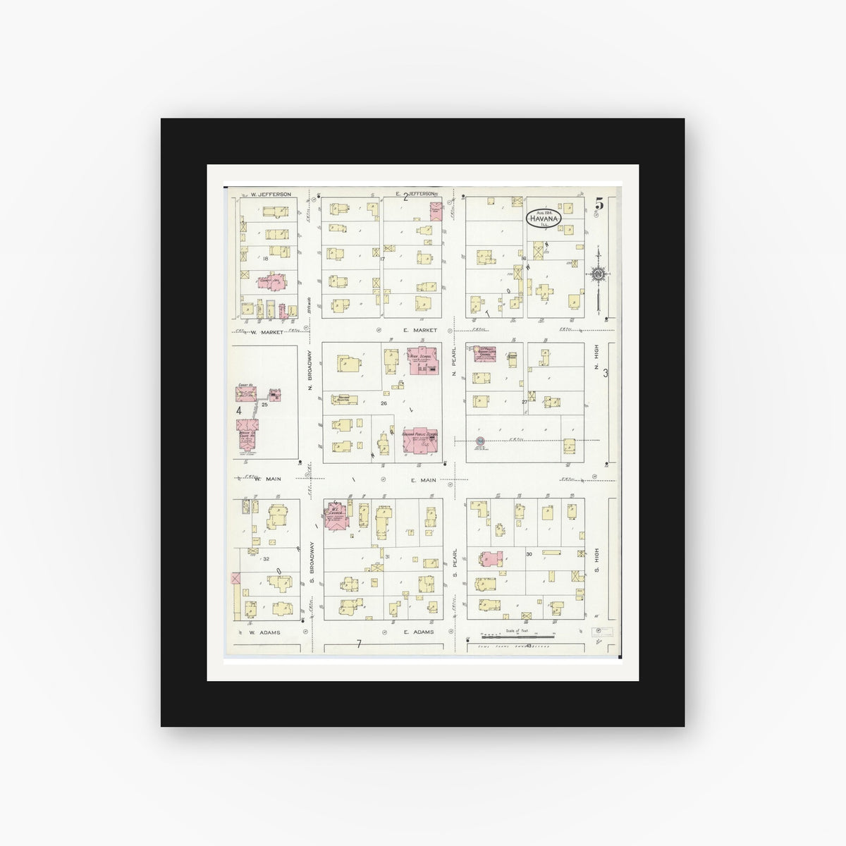 Old map wall art mockup — black gallery frame with white mat — Sanborn Fire Insurance Map from Havana, Mason County, Illinois (1914), Sheet #0005