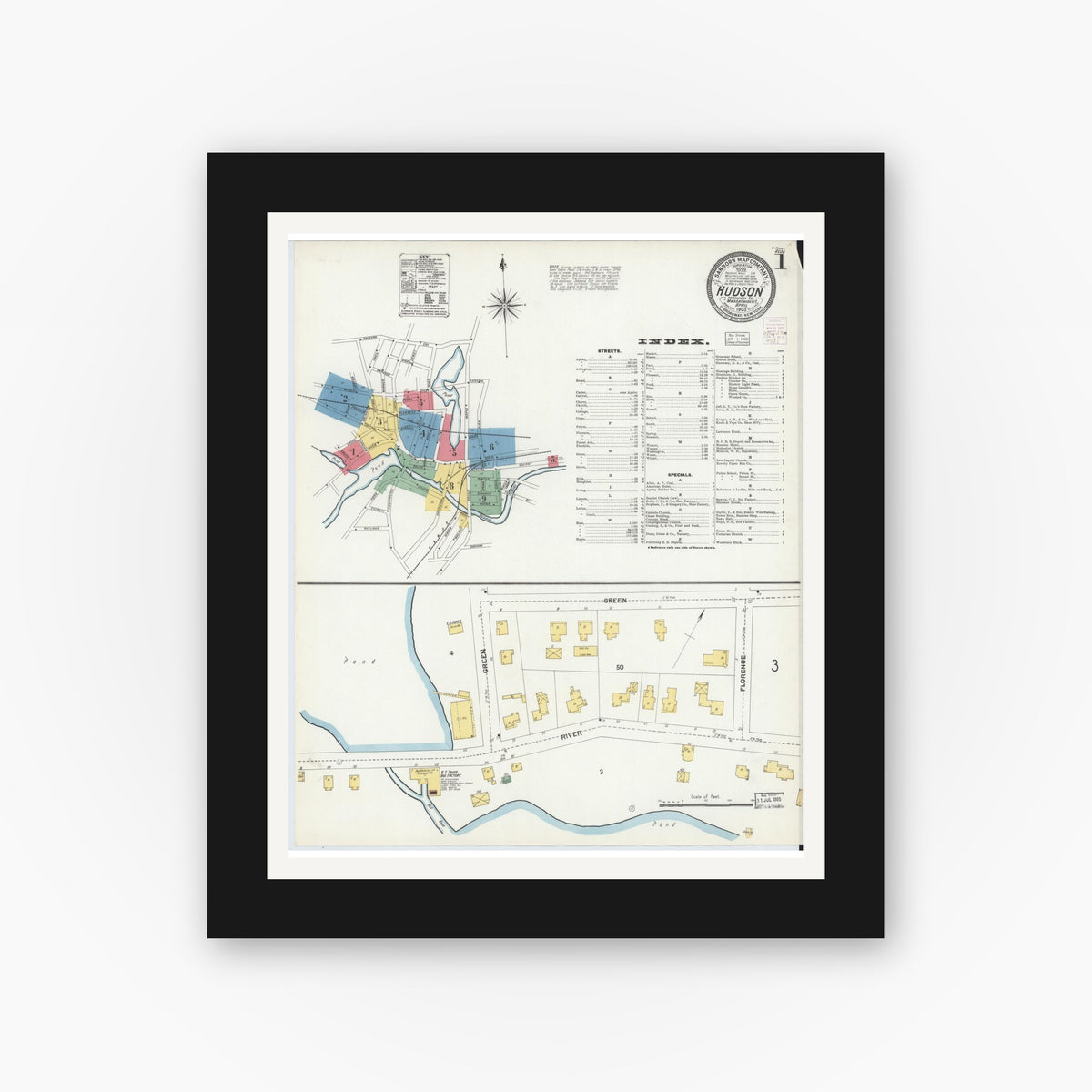 Old map wall art mockup — black gallery frame with white mat — Sanborn Fire Insurance Map from Hudson, Middlesex County, Massachusetts (1903), Sheet #0001