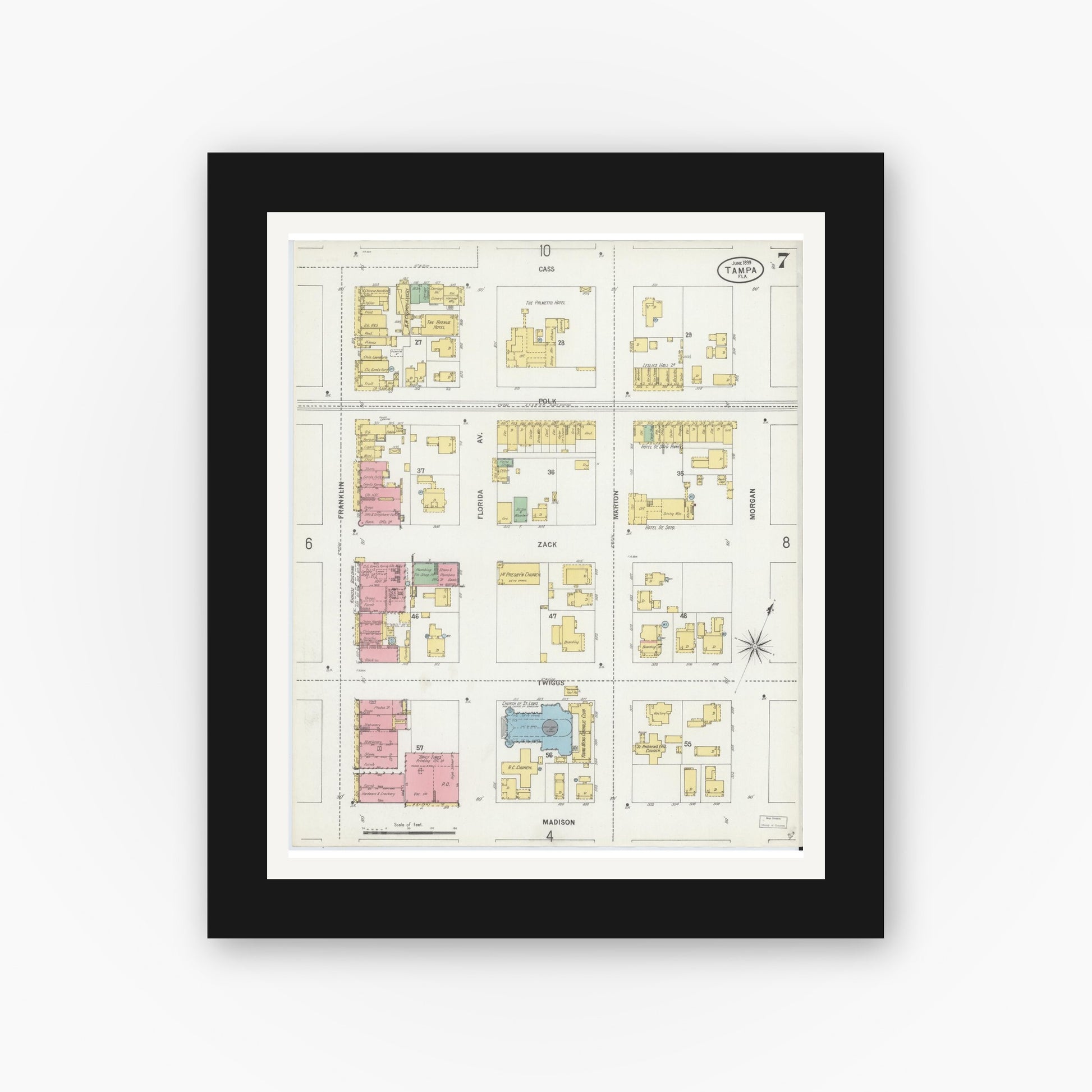 Old map wall art mockup — black gallery frame with white mat — Sanborn Fire Insurance Map from Tampa, Hillsborough County, Florida (1899), Sheet #0007