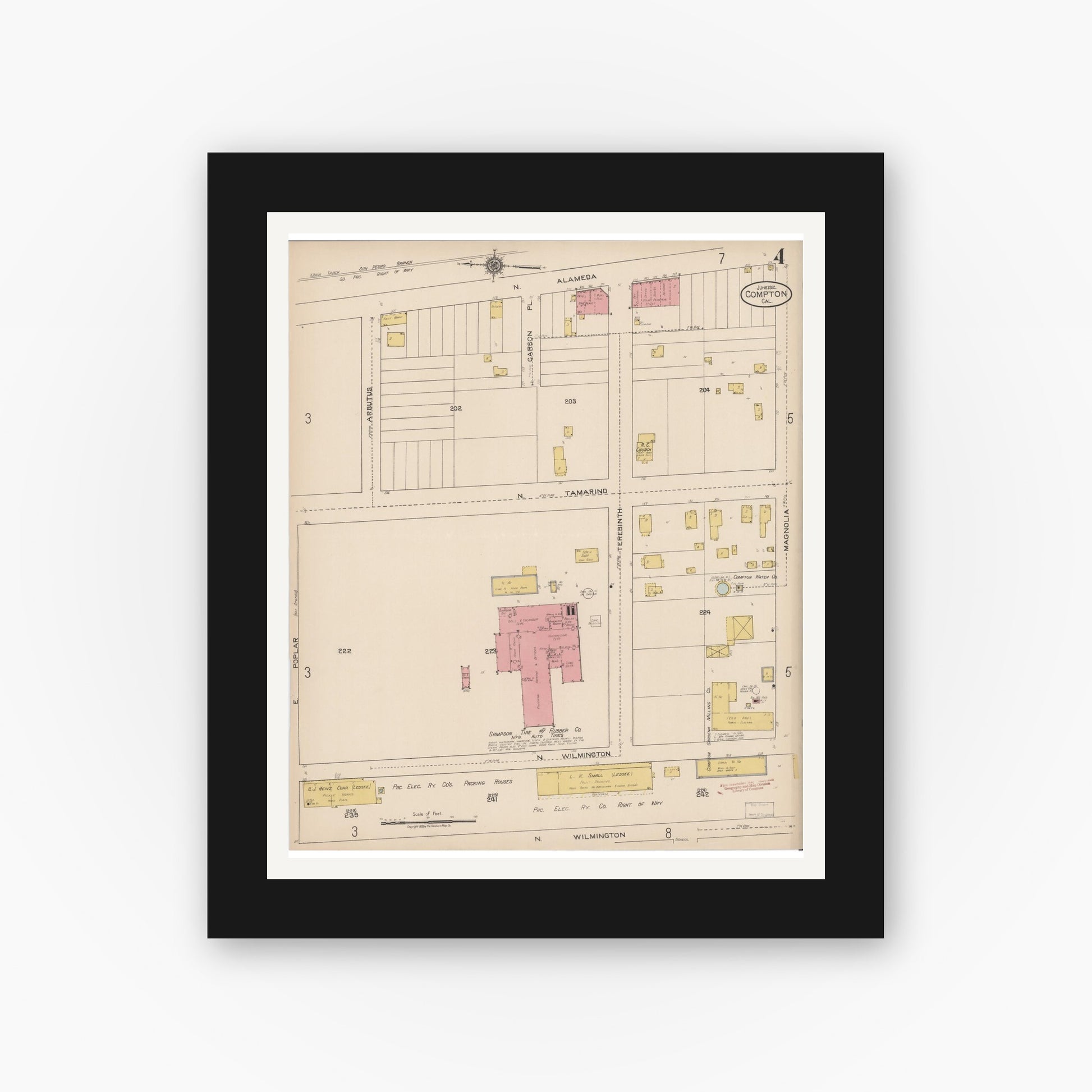 Old map wall art mockup — black gallery frame with white mat — Sanborn Fire Insurance Map from Compton, Los Angeles County, California (1922), Sheet #0004