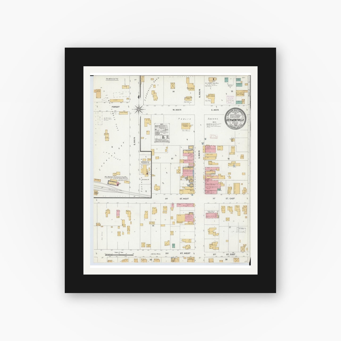 Old map wall art mockup — black gallery frame with white mat — Sanborn Fire Insurance Map from Vermontville, Eaton County, Michigan (1906), Sheet #0001