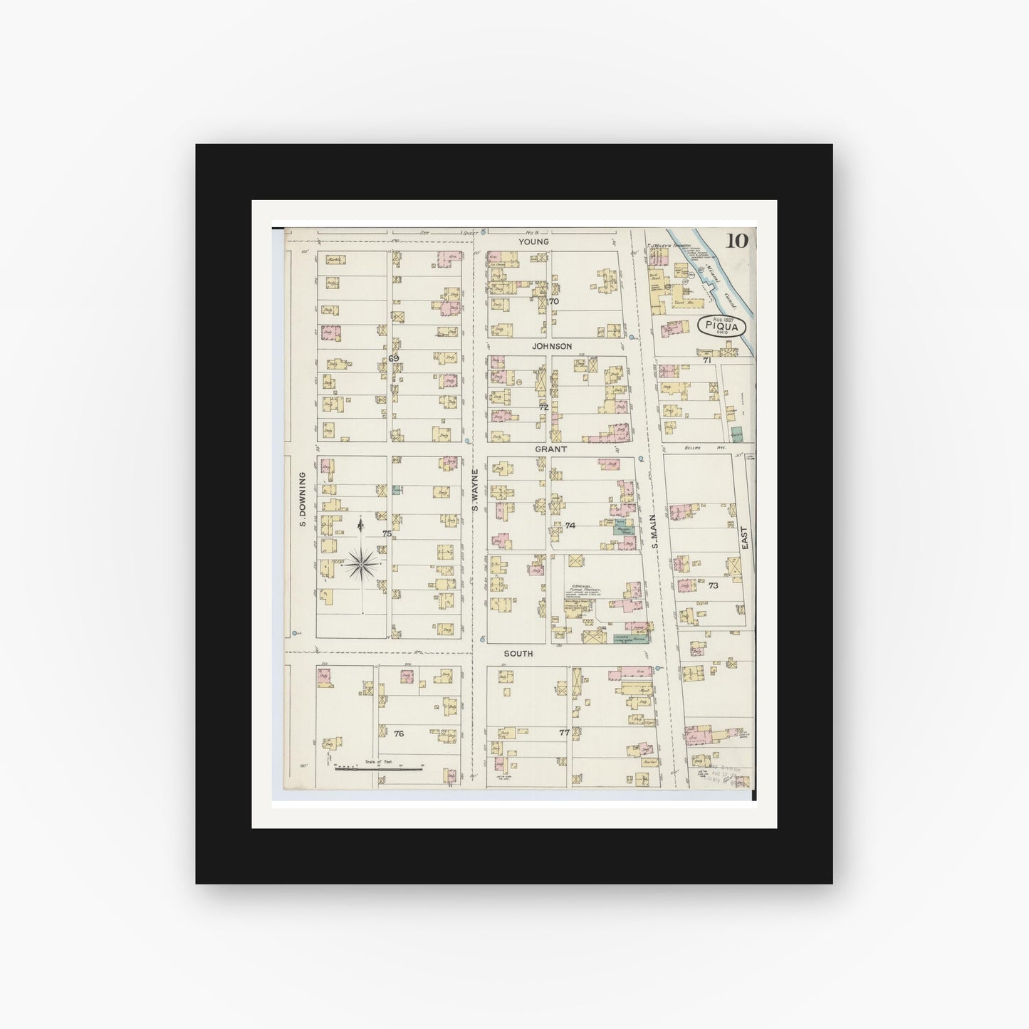 Old map wall art mockup — black gallery frame with white mat — Sanborn Fire Insurance Map from Piqua, Miami County, Ohio (1887), Sheet #0010