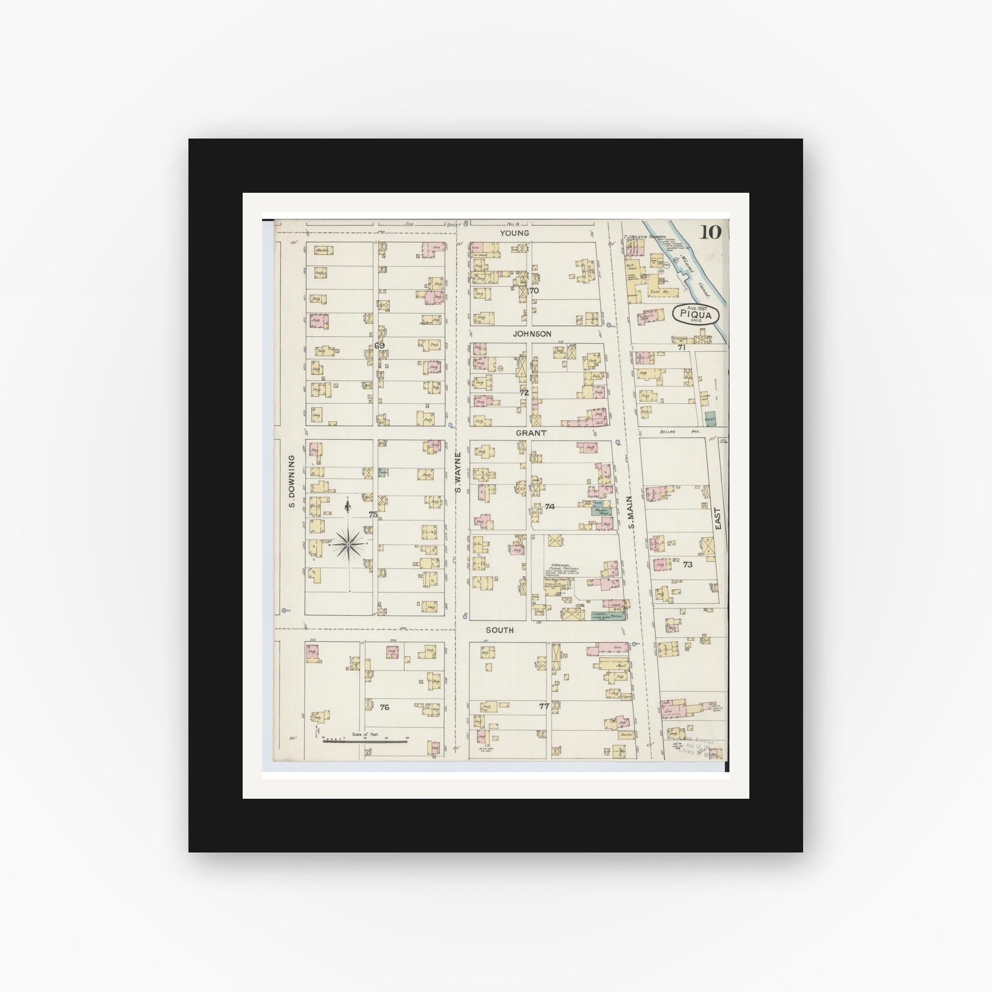 Old map wall art mockup — black gallery frame with white mat — Sanborn Fire Insurance Map from Piqua, Miami County, Ohio (1887), Sheet #0010