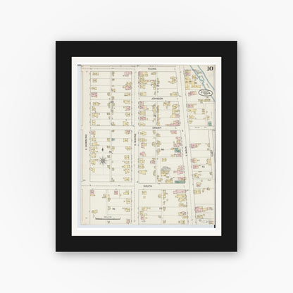 Old map wall art mockup — black gallery frame with white mat — Sanborn Fire Insurance Map from Piqua, Miami County, Ohio (1887), Sheet #0010