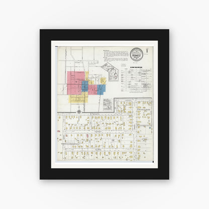 Old map wall art mockup — black gallery frame with white mat — Sanborn Fire Insurance Map from Romeo, Macomb County, Michigan (1921), Sheet #0001