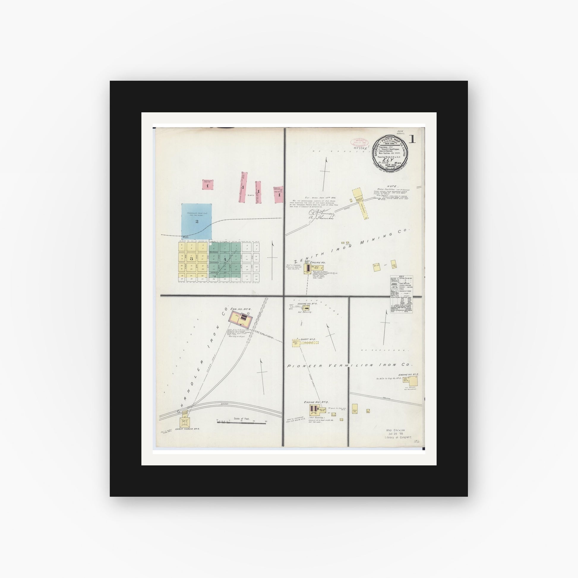 Old map wall art mockup — black gallery frame with white mat — Sanborn Fire Insurance Map from Ely, Saint Louis County, Minnesota (1892), Sheet #0001