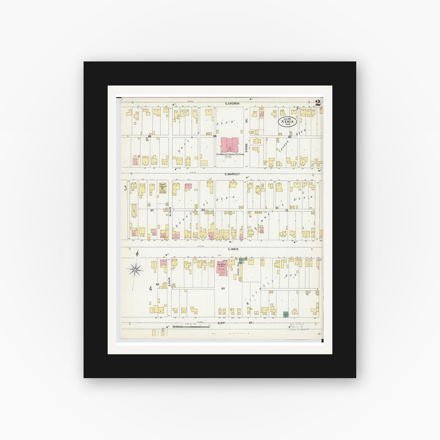 Old map wall art mockup — black gallery frame with white mat — Sanborn Fire Insurance Map from Xenia, Greene County, Ohio (1901), Sheet #0002