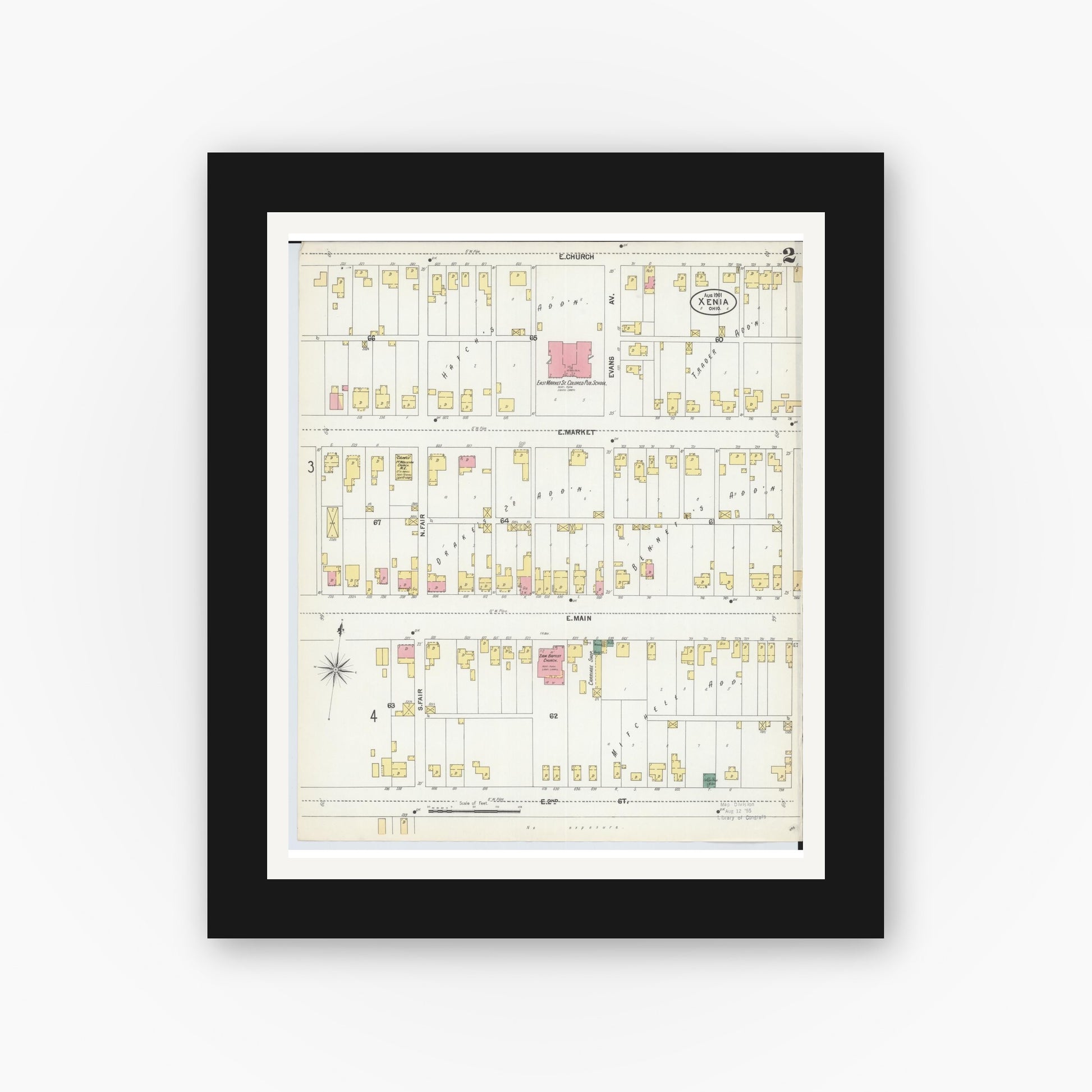 Old map wall art mockup — black gallery frame with white mat — Sanborn Fire Insurance Map from Xenia, Greene County, Ohio (1901), Sheet #0002