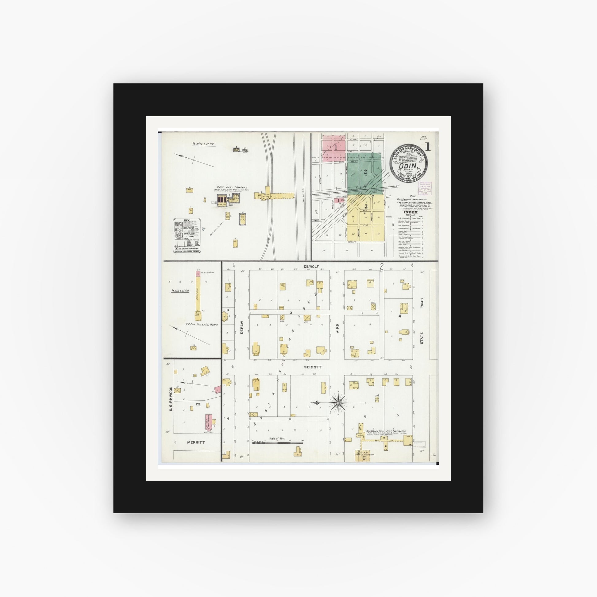Old map wall art mockup — black gallery frame with white mat — Sanborn Fire Insurance Map from Odin, Marion County, Illinois (1906) - Complete Map Set