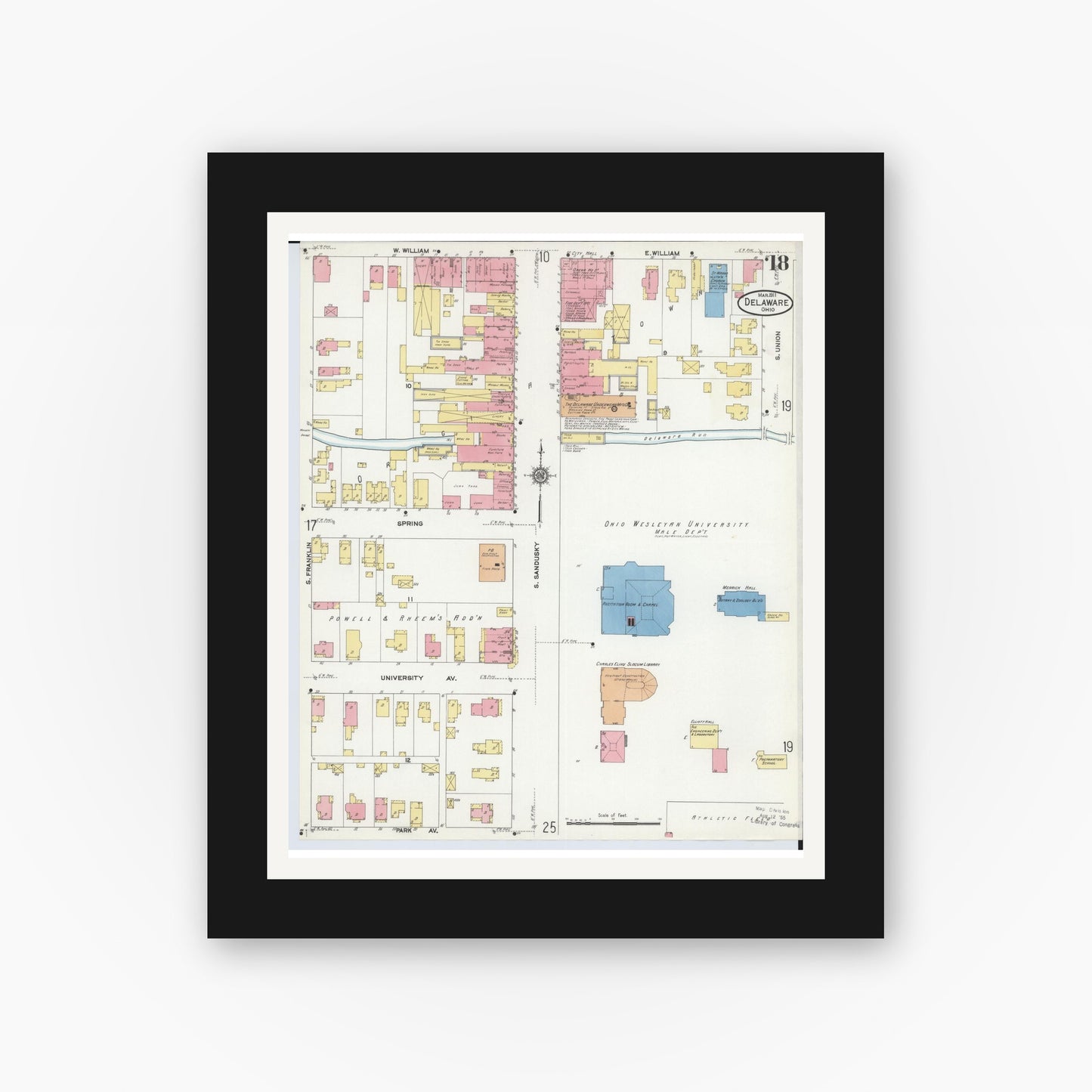 Old map wall art mockup — black gallery frame with white mat — Sanborn Fire Insurance Map from Delaware, Delaware County, Ohio (1911), Sheet #0018