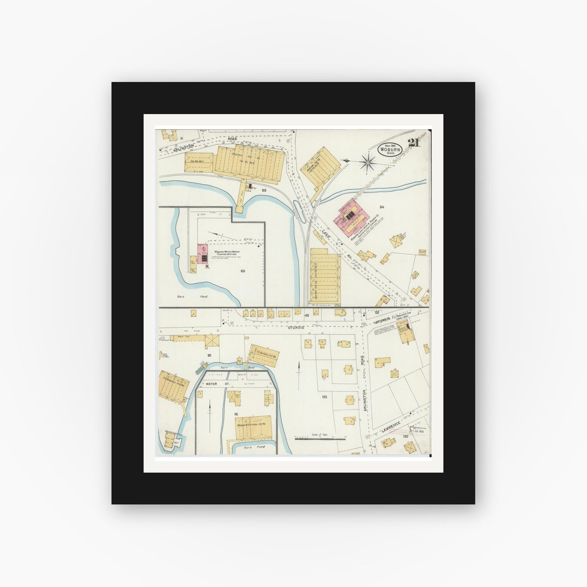 Old map wall art mockup — black gallery frame with white mat — Sanborn Fire Insurance Map from Woburn, Middlesex County, Massachusetts (1904), Sheet #0021