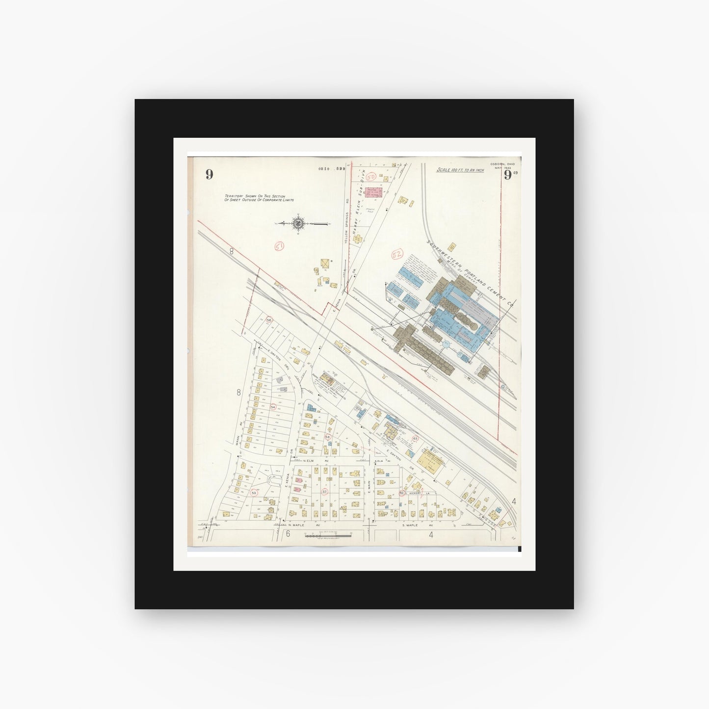 Old map wall art mockup — black gallery frame with white mat — Sanborn Fire Insurance Map from Osborn, Greene County, Ohio (1943), Sheet #0009