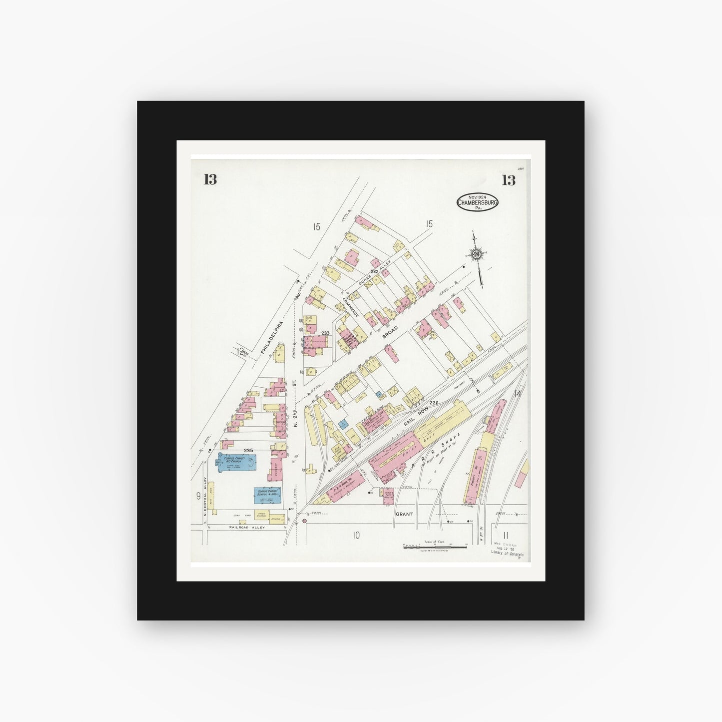 Old map wall art mockup — black gallery frame with white mat — Sanborn Fire Insurance Map from Chambersburg, Franklin County, Pennsylvania (1924), Sheet #0013