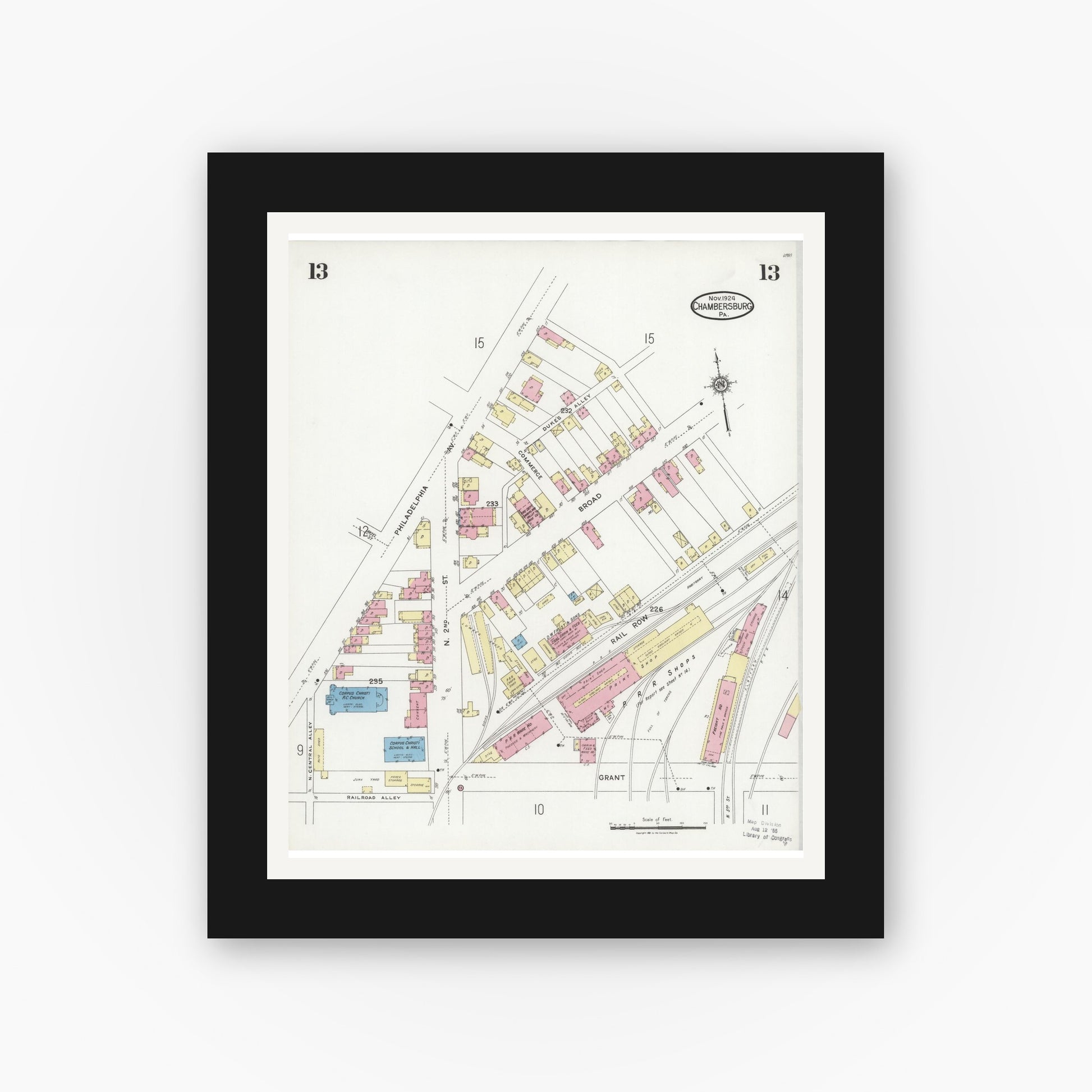 Old map wall art mockup — black gallery frame with white mat — Sanborn Fire Insurance Map from Chambersburg, Franklin County, Pennsylvania (1924), Sheet #0013