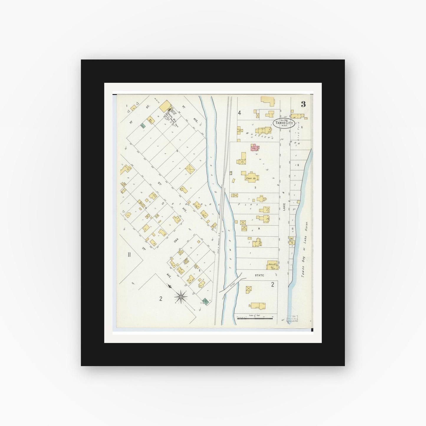 Old map wall art mockup — black gallery frame with white mat — Sanborn Fire Insurance Map from East Tawas, Iosco County, Michigan (1898), Sheet #0003