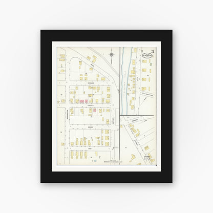 Old map wall art mockup — black gallery frame with white mat — Sanborn Fire Insurance Map from Blackstone, Worcester County, Massachusetts (1910), Sheet #0003
