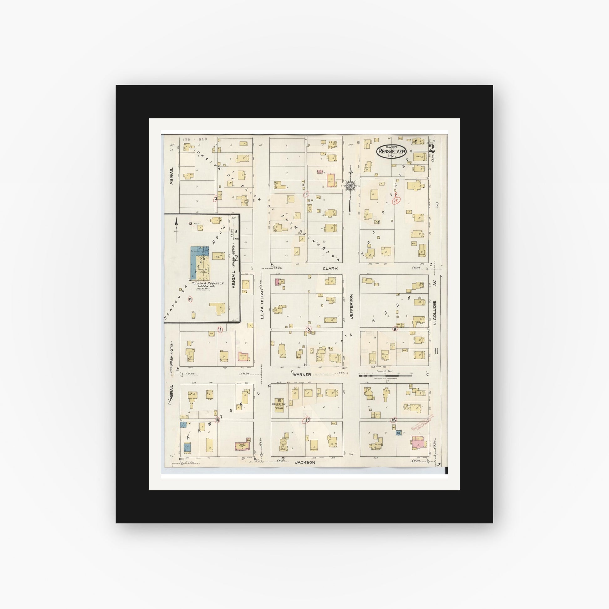 Old map wall art mockup — black gallery frame with white mat — Sanborn Fire Insurance Map from Rensselaer, Jasper County, Indiana (1942), Sheet #0002