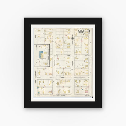 Old map wall art mockup — black gallery frame with white mat — Sanborn Fire Insurance Map from Rensselaer, Jasper County, Indiana (1942), Sheet #0002