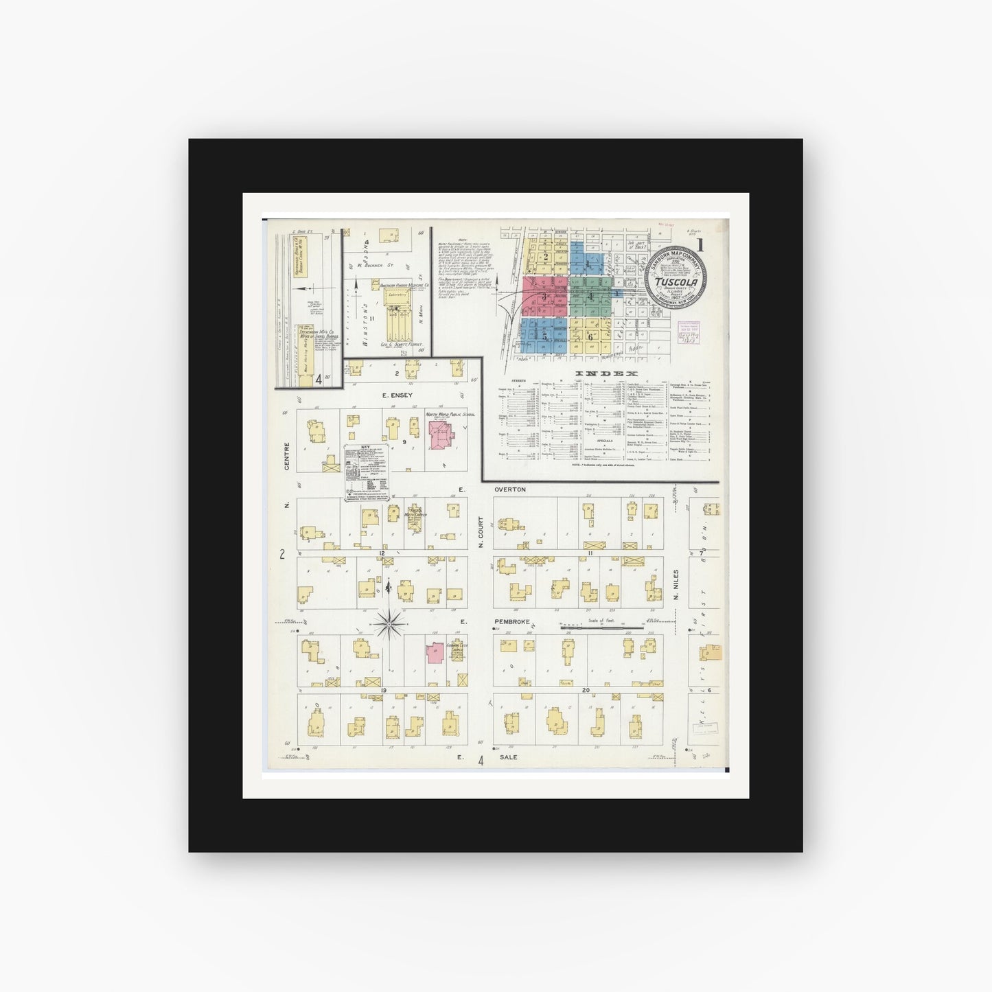 Old map wall art mockup — black gallery frame with white mat — Sanborn Fire Insurance Map from Tuscola, Douglas County, Illinois (1907), Sheet #0001