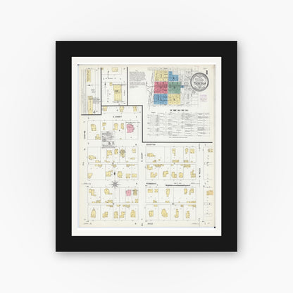 Old map wall art mockup — black gallery frame with white mat — Sanborn Fire Insurance Map from Tuscola, Douglas County, Illinois (1907), Sheet #0001