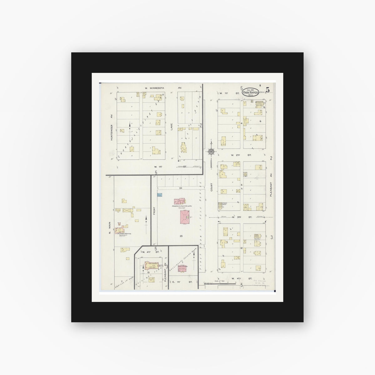 Old map wall art mockup — black gallery frame with white mat — Sanborn Fire Insurance Map from Park Rapids, Hubbard County, Minnesota (1914), Sheet #0005