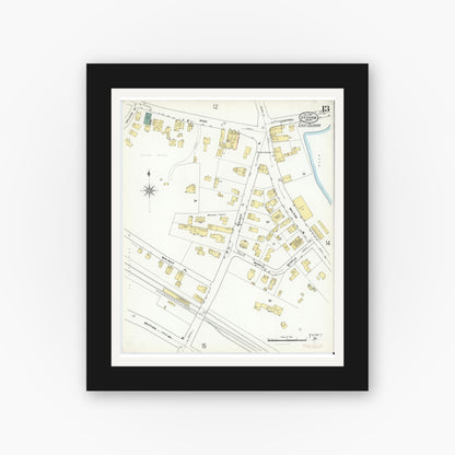 Old map wall art mockup — black gallery frame with white mat — Sanborn Fire Insurance Map from Dedham, Norfolk County, Massachusetts (1909), Sheet #0013
