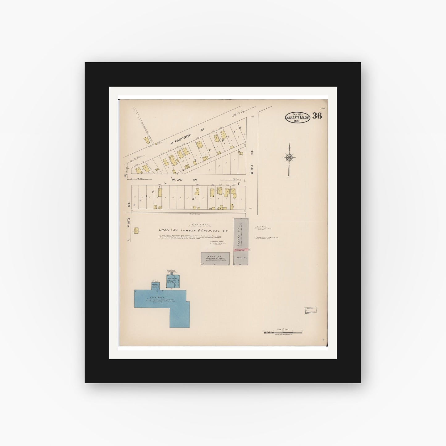 Old map wall art mockup — black gallery frame with white mat — Sanborn Fire Insurance Map from Sault Sainte Marie, Chippewa County, Michigan (1922), Sheet #0036