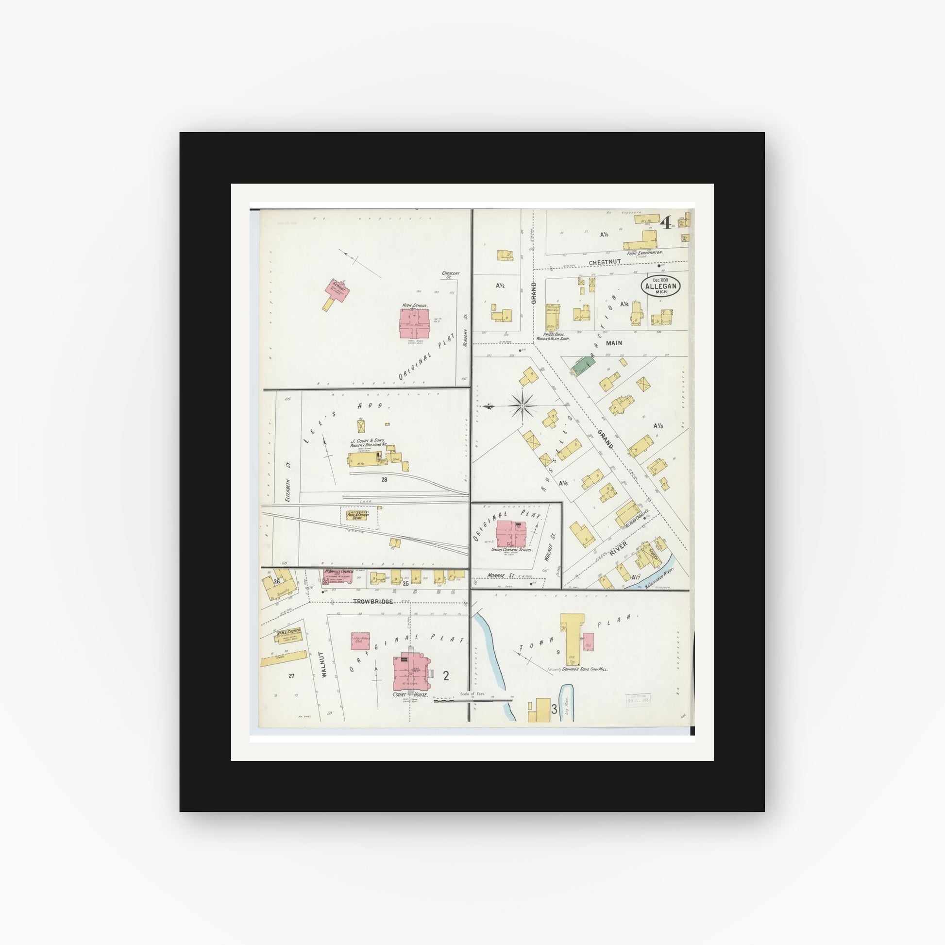 Old map wall art mockup — black gallery frame with white mat — Sanborn Fire Insurance Map from Allegan, Allegan County, Michigan (1899), Sheet #0004