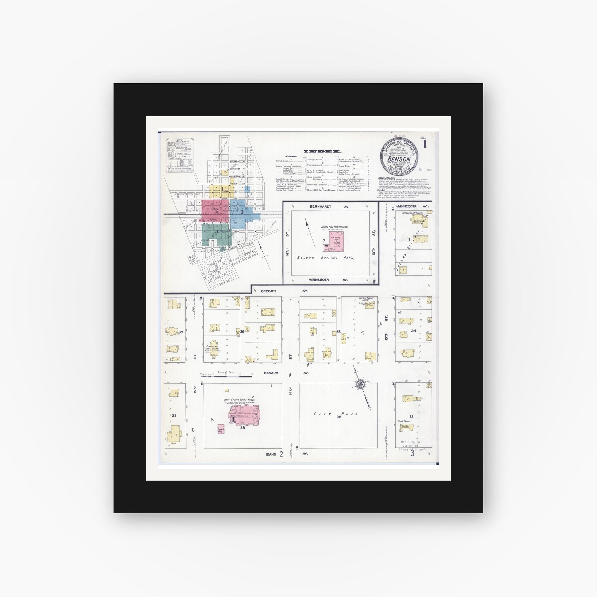 Old map wall art mockup — black gallery frame with white mat — Sanborn Fire Insurance Map from Benson, Swift County, Minnesota (1909) - Complete Map Set