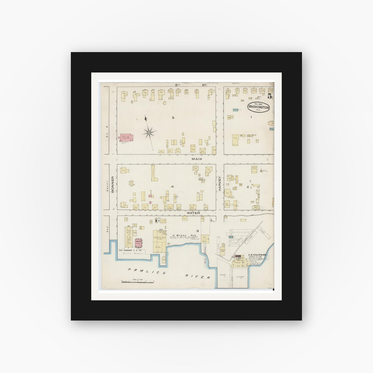 Old map wall art mockup — black gallery frame with white mat — Sanborn Fire Insurance Map from Washington, Beaufort County, North Carolina (1885), Sheet #0005