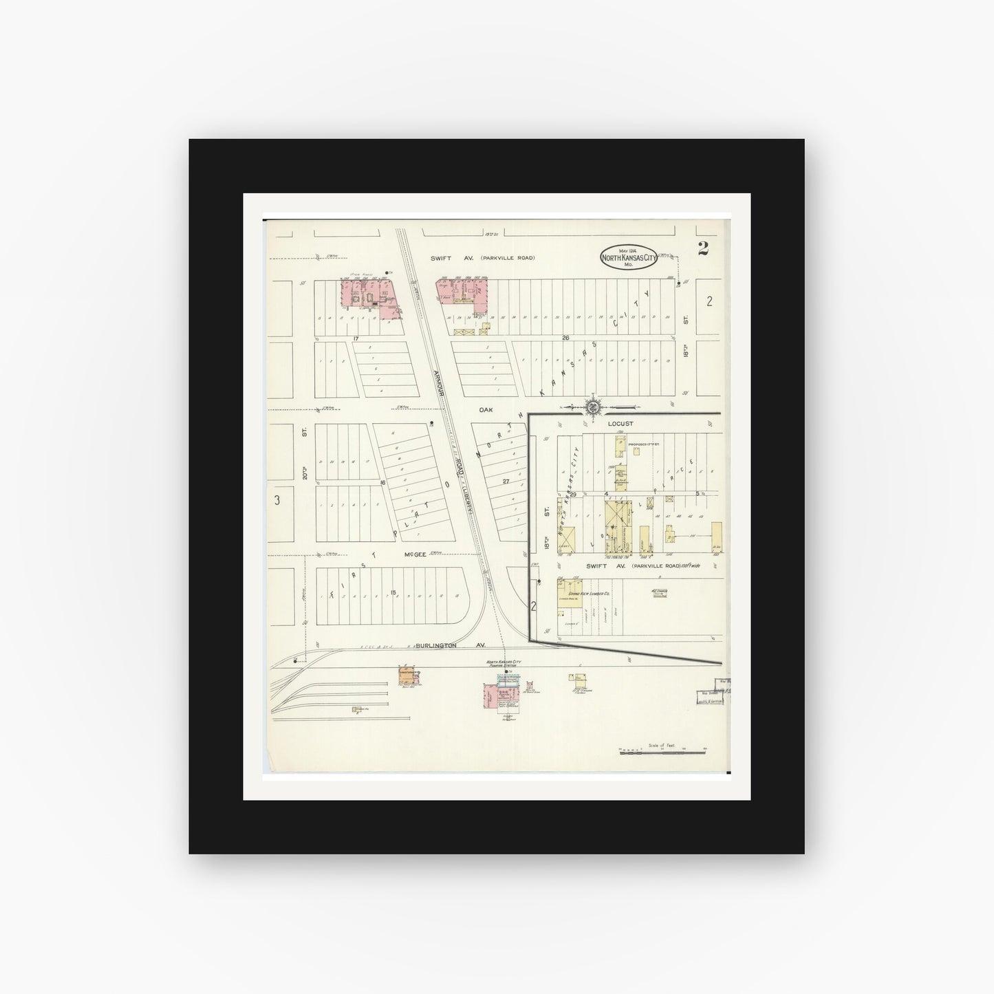 Old map wall art mockup — black gallery frame with white mat — Sanborn Fire Insurance Map from North Kansas City, Clay County, Missouri (1914), Sheet #0002