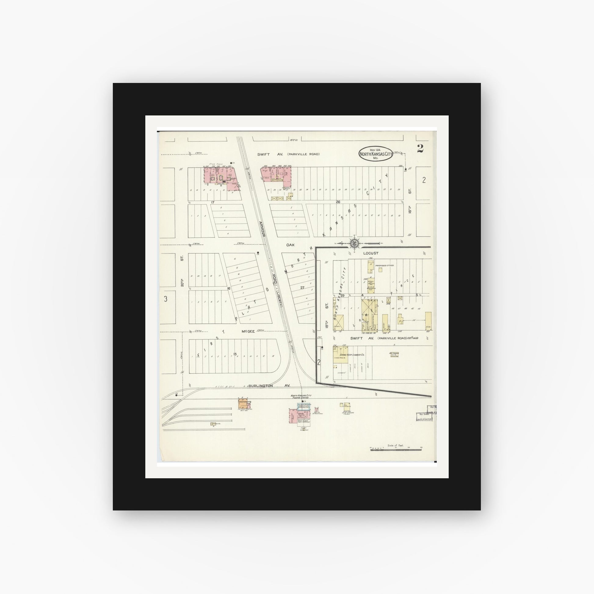 Old map wall art mockup — black gallery frame with white mat — Sanborn Fire Insurance Map from North Kansas City, Clay County, Missouri (1914), Sheet #0002